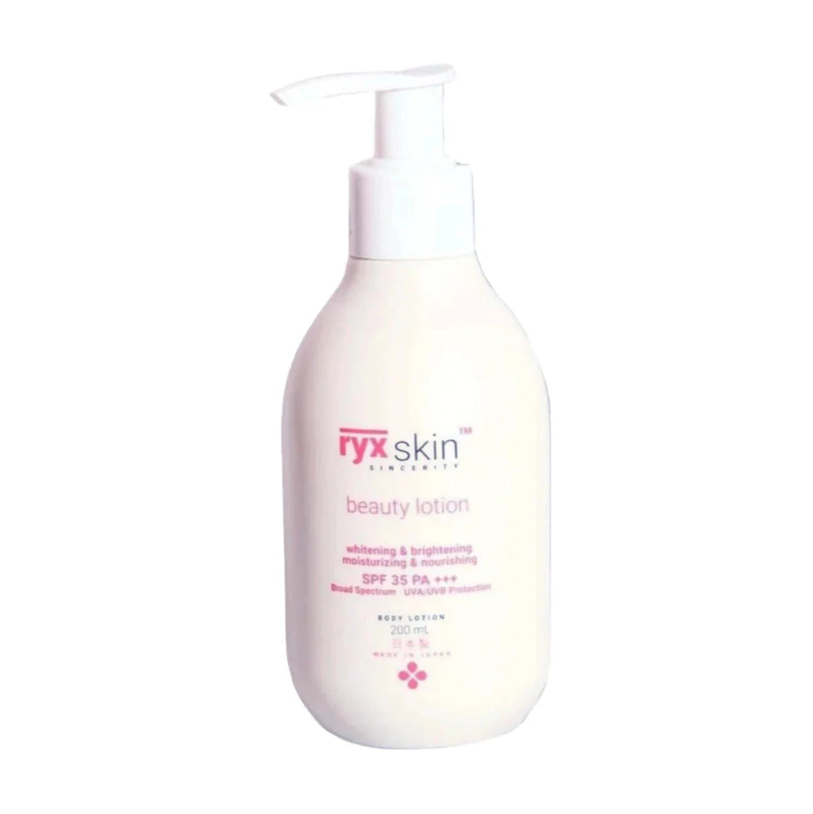 White bottle of RYK skin beauty lotion on a white background