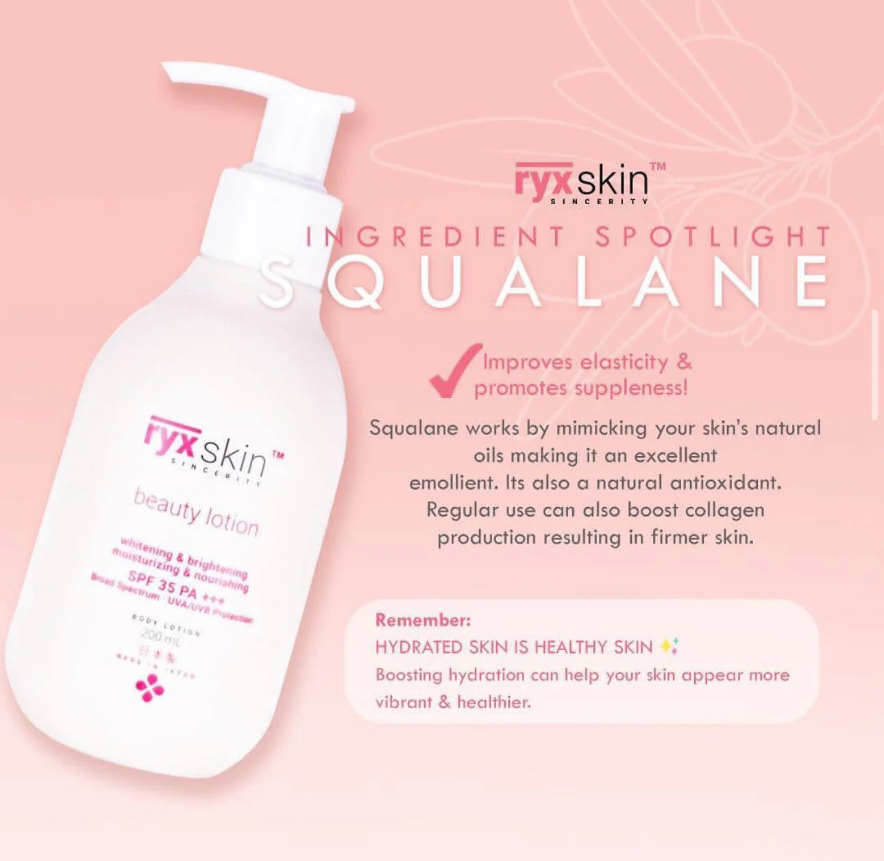 Ryx Skin beauty lotion with squalane ingredient spotlight on a pink background