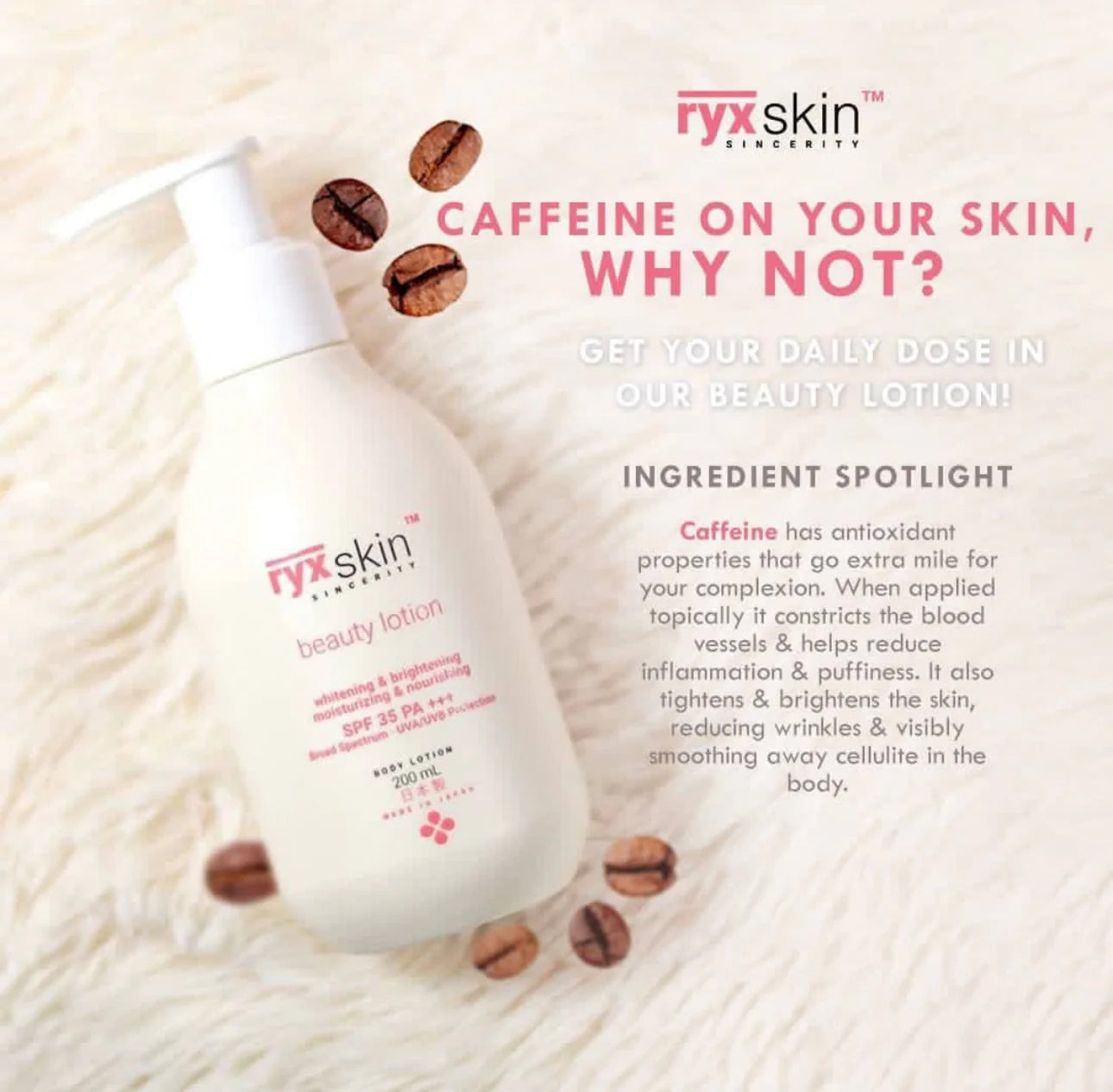 Ryx Skin beauty lotion with coffee beans on a light background