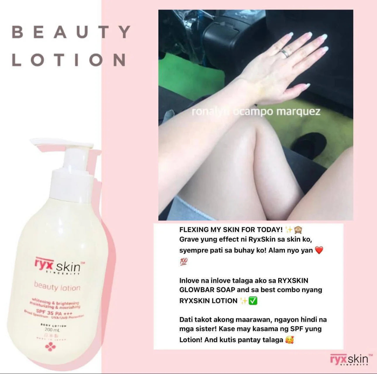 Rykskin beauty lotion with a person flexing their legs and text on a pink background