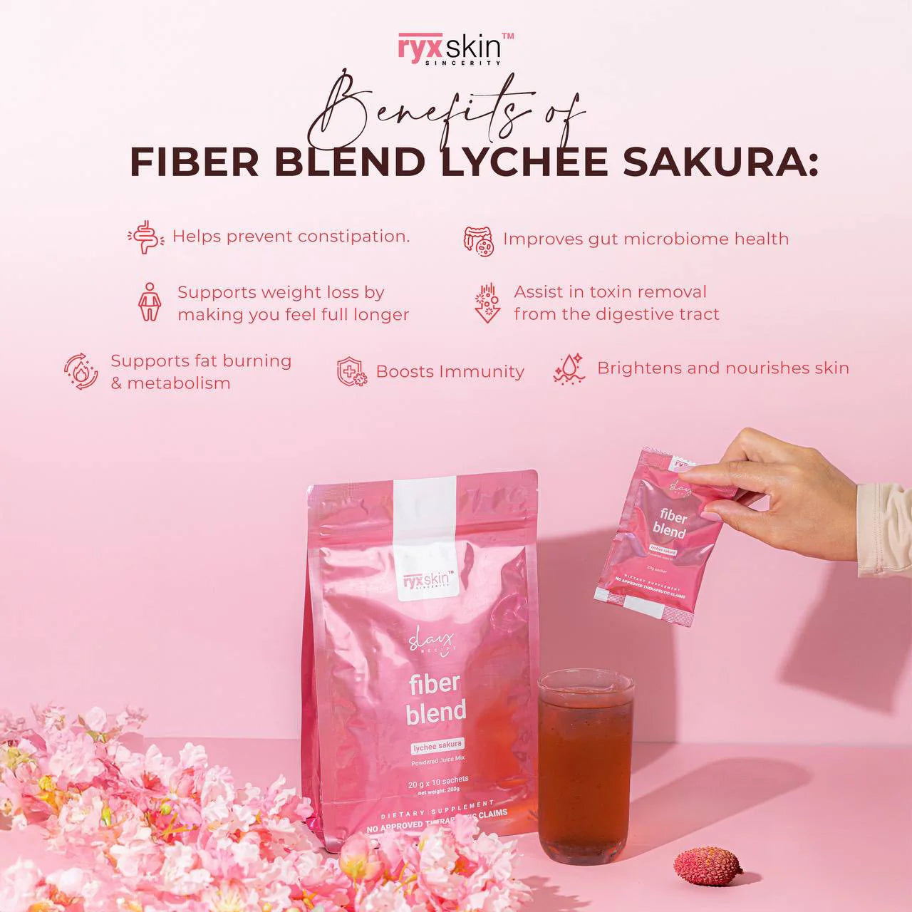 Fiber blend lychee sakura packaging with benefits listed on a pink background