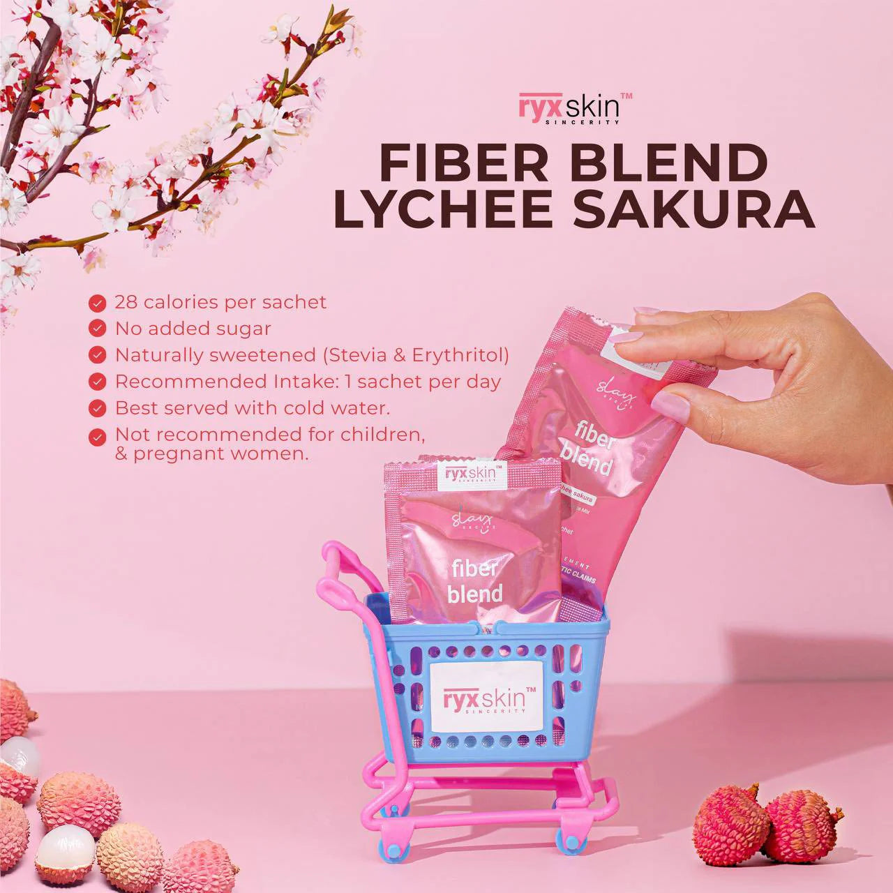 Fiber blend lychee sakura packaging with cherry blossoms and a hand holding a package on a pink background.