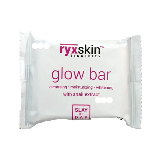 White packaging of ryxskin glow bar with pink text on a white background