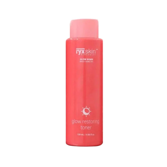 Red bottle of ryx skin glow restoring toner on a pink and white background