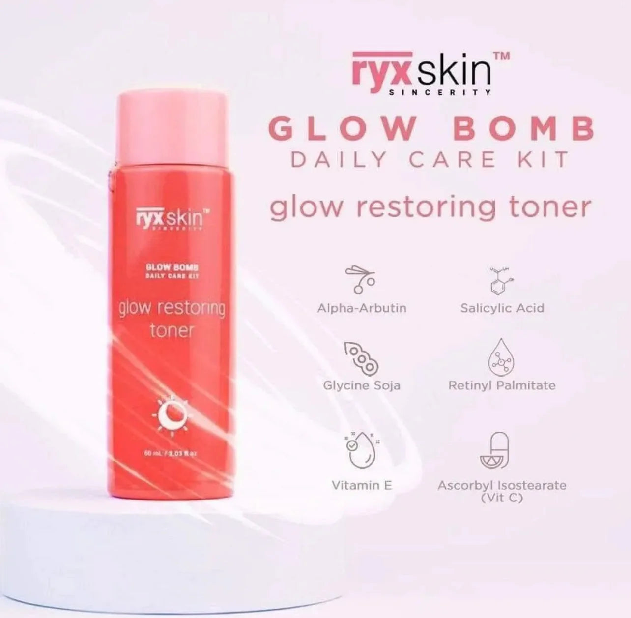 Ryx Skin Glow Bomb Daily Care Kit glow restoring toner on a white background