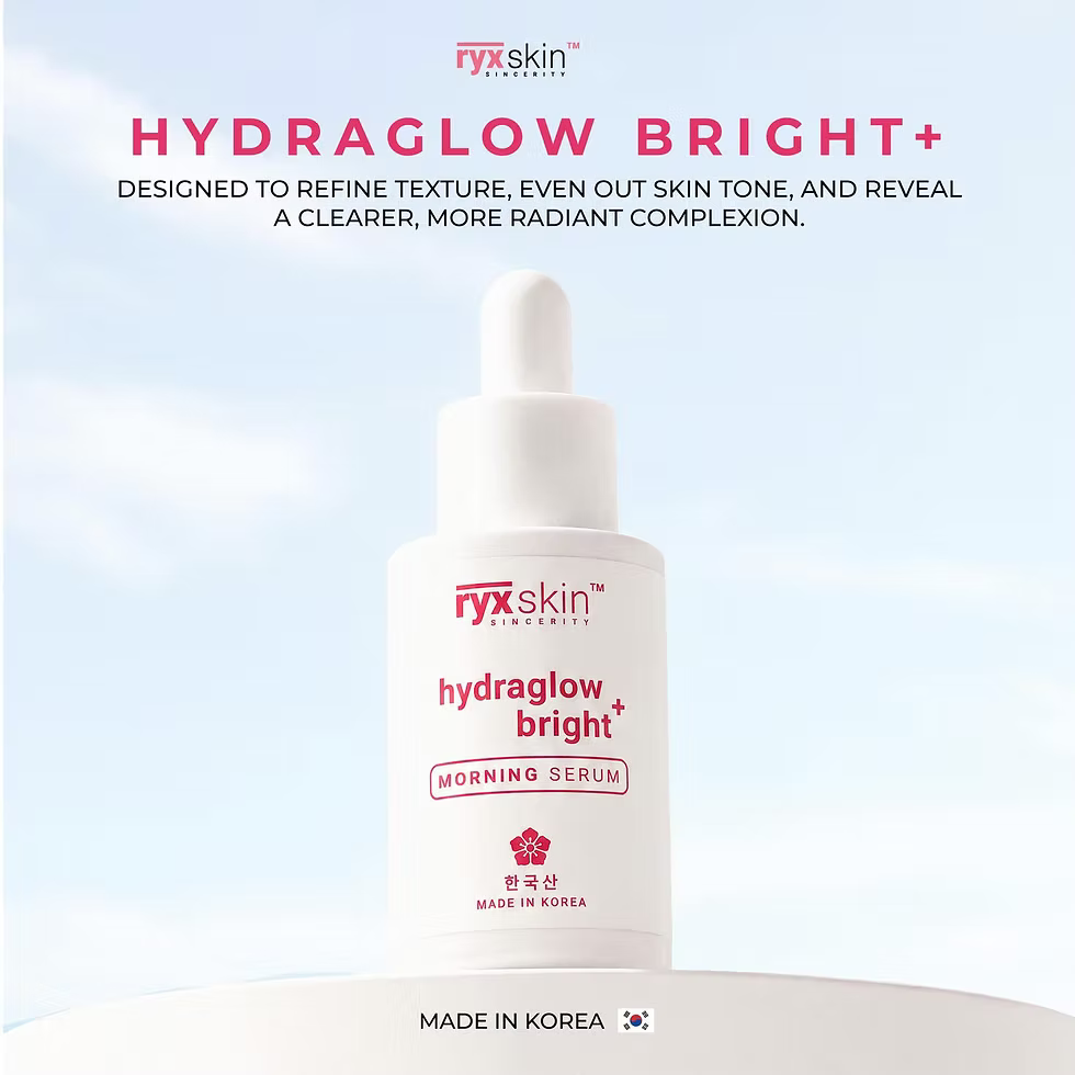 Rykskin Hydraglow Bright+ morning serum bottle on a light blue background