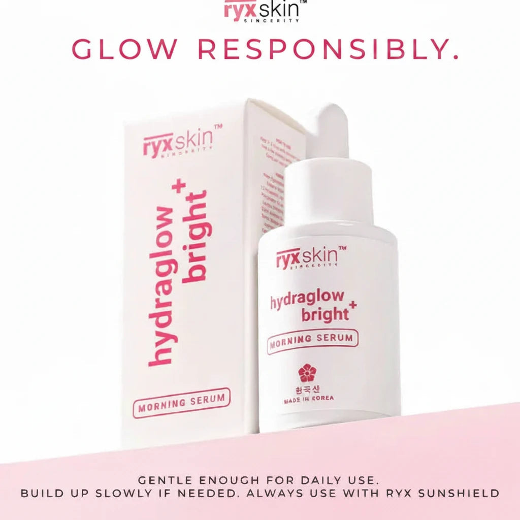 Ryx Skin Hydraglow Bright+ Morning Serum with packaging on a pink background