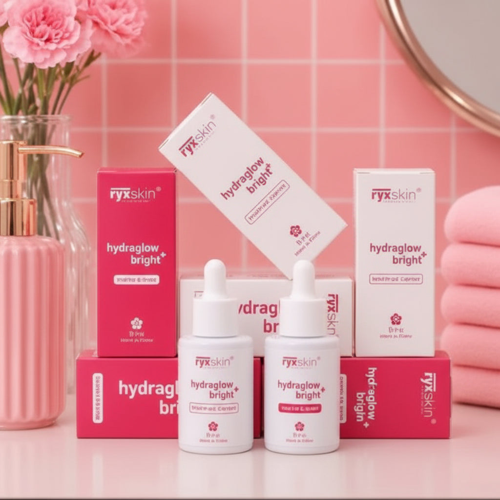 Cosmetic products with pink packaging on a pink background