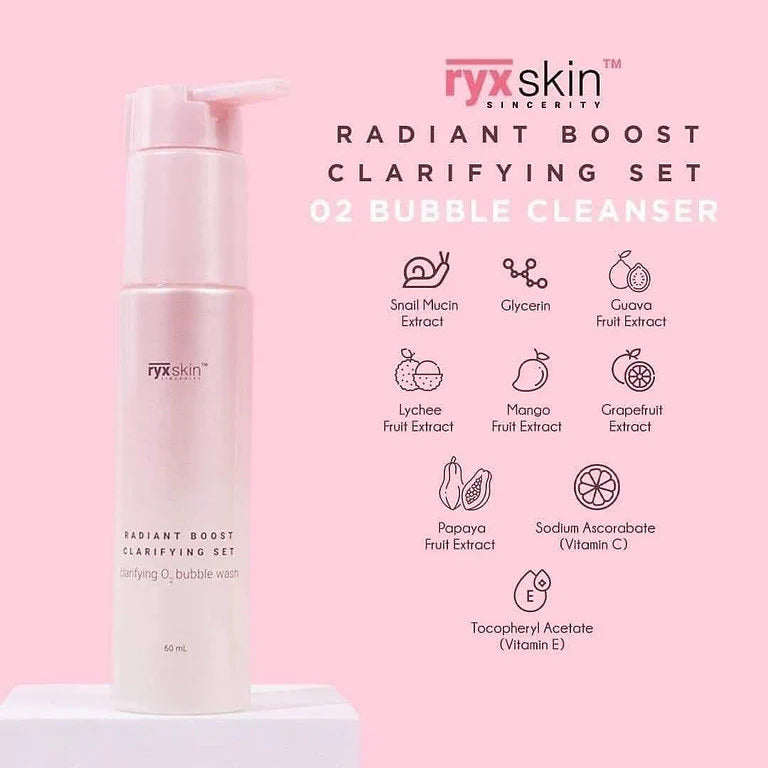 ryxskin bubble cleanser bottle with ingredient list on a pink background