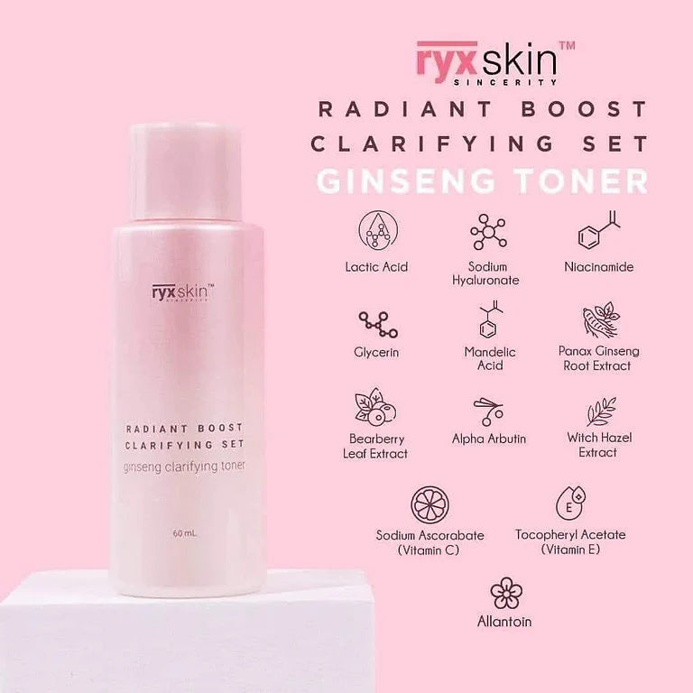 Ryx Skin Ginseng Toner bottle with ingredient list on a pink background