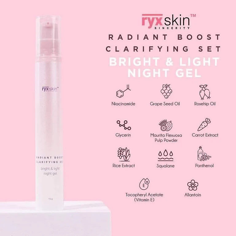 Fyrskin Radiant Boost Clarifying Set with ingredients listed on a pink background