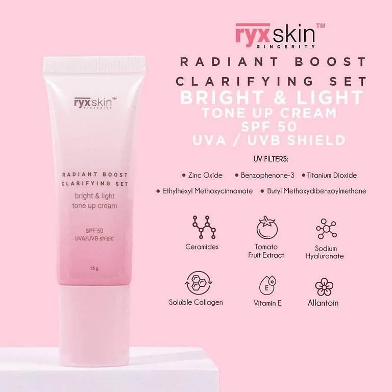 Pink tube of RYX Skin Radiant Boost Clarifying Set on a pink background with product details.