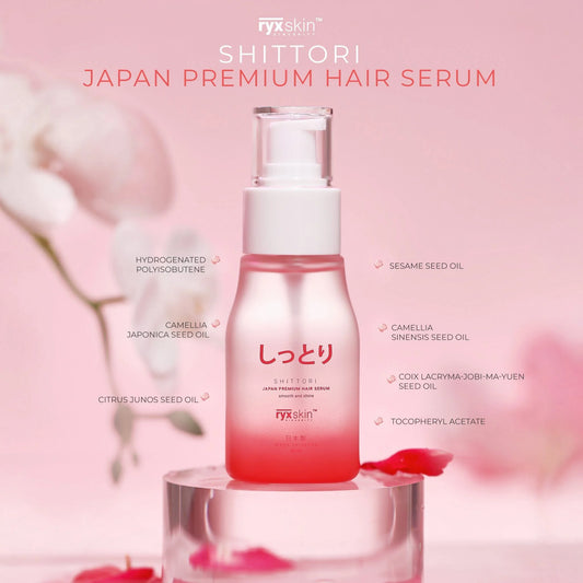 Shittori Japan Premium Hair Serum bottle on a pink background with floral elements