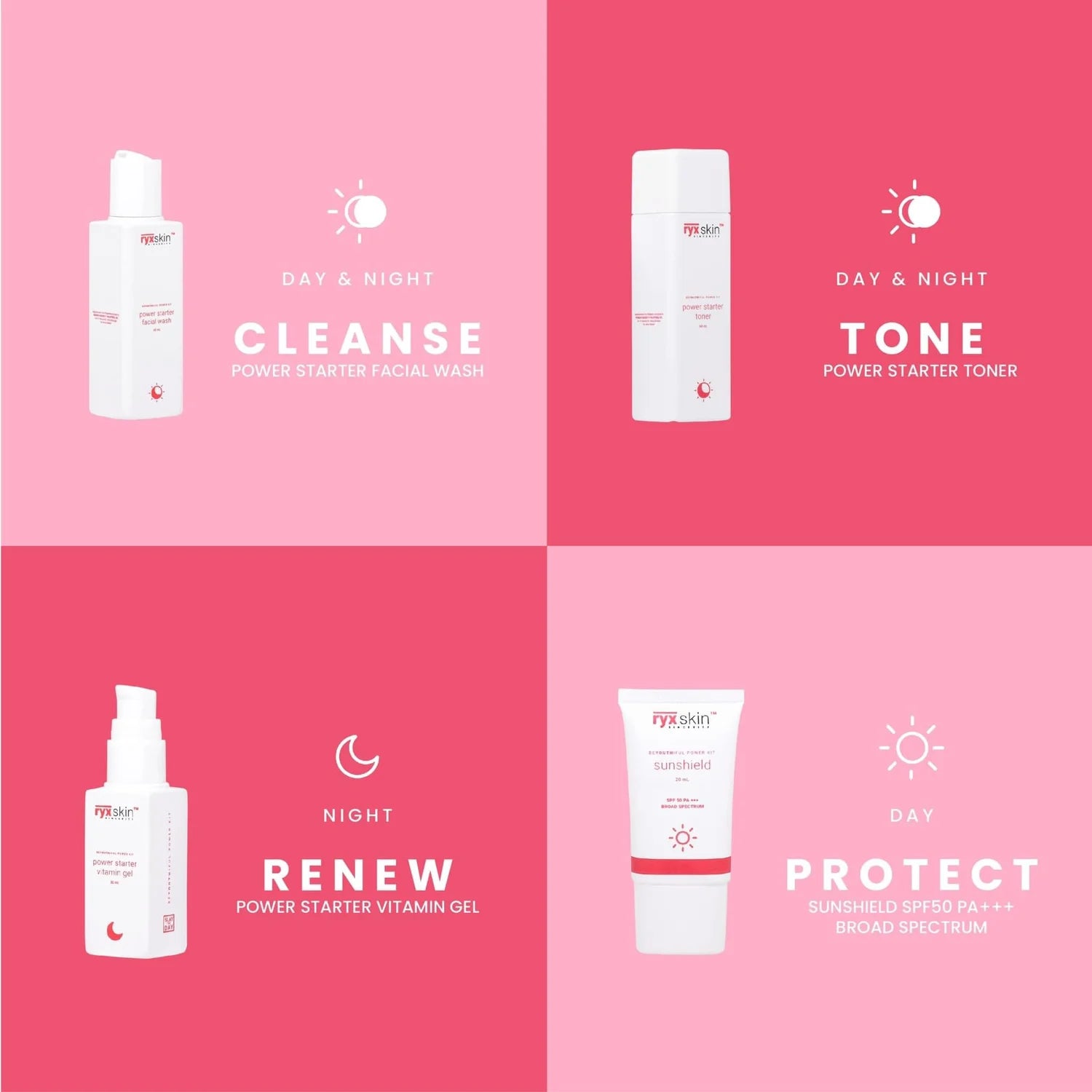 Four skincare product bottles with labels on a pink background