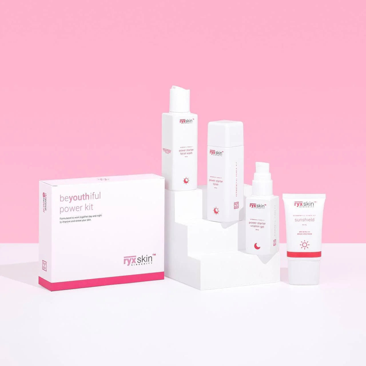 Beauty product set with 'beyouthful' power kit on a pink background