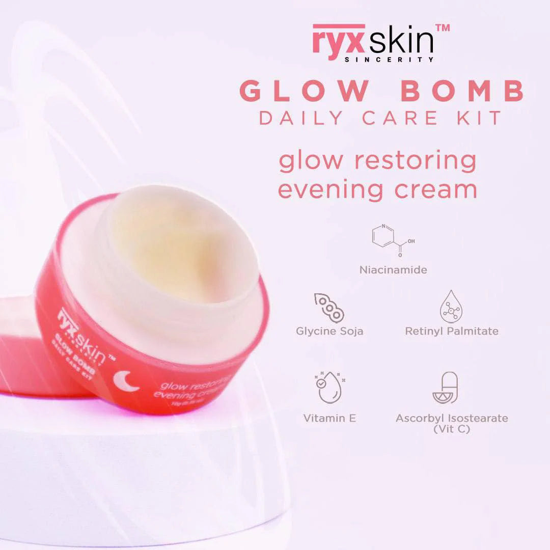 ryx skin Glow Bomb Daily Care Kit with cream jar and text on a white background