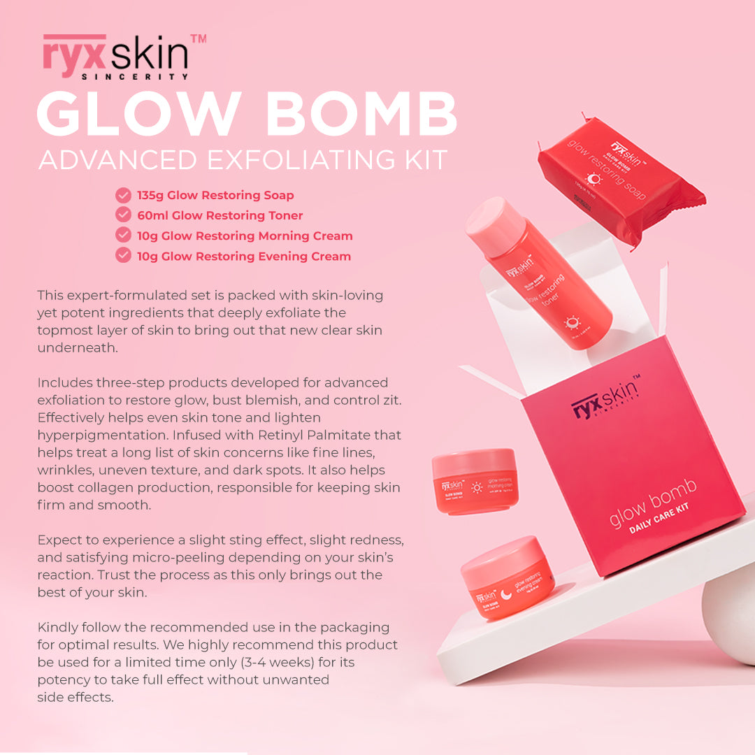 ryx skin Glow Bomb Advanced Exfoliating Kit on a pink background