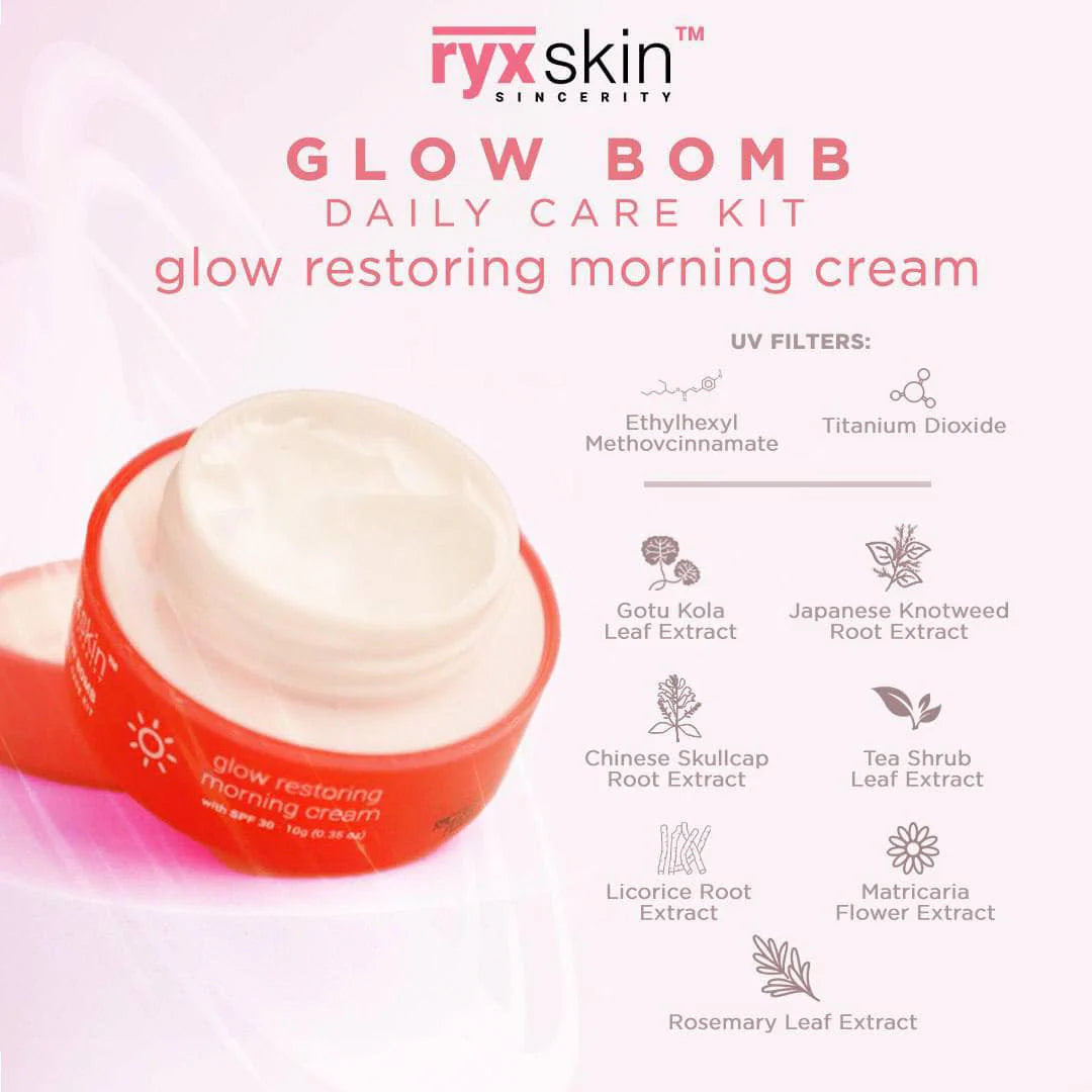 Ryx Skin Glow Bomb Daily Care Kit with cream jar and ingredient list on a white background