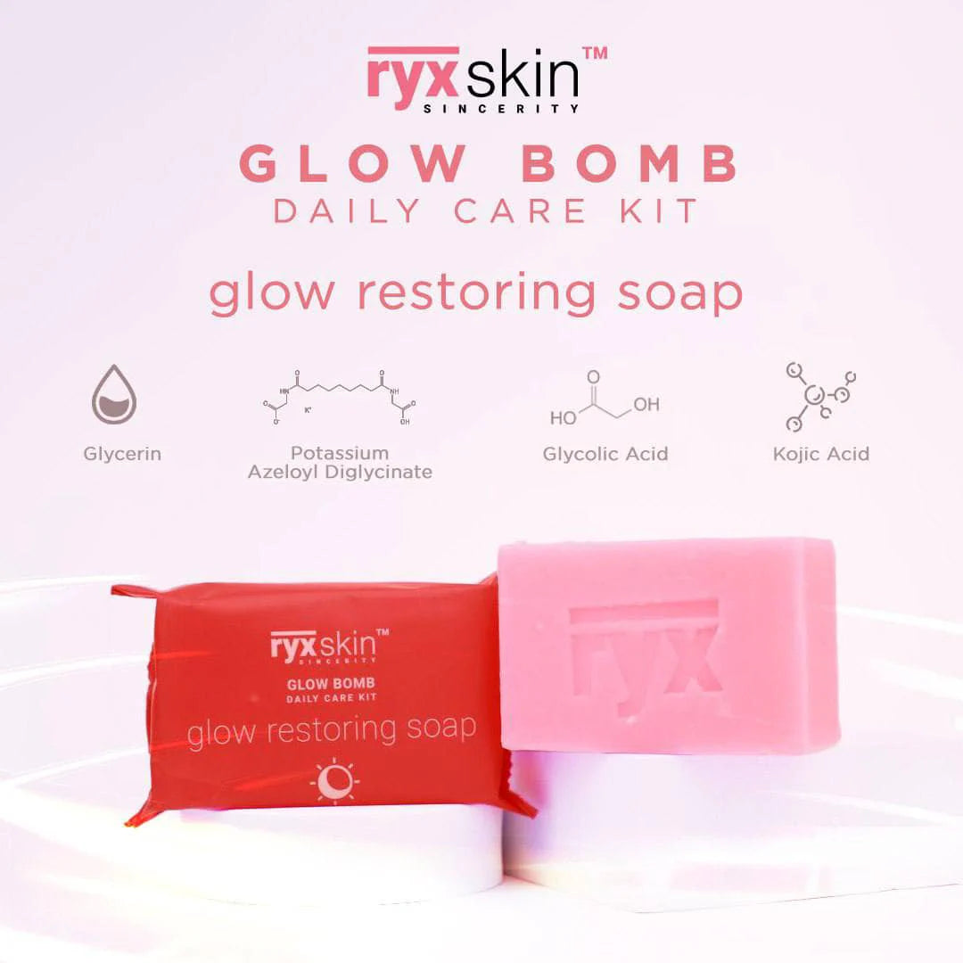 Ryx Skin Glow Bomb Daily Care Kit with a pink soap bar on a light pink background