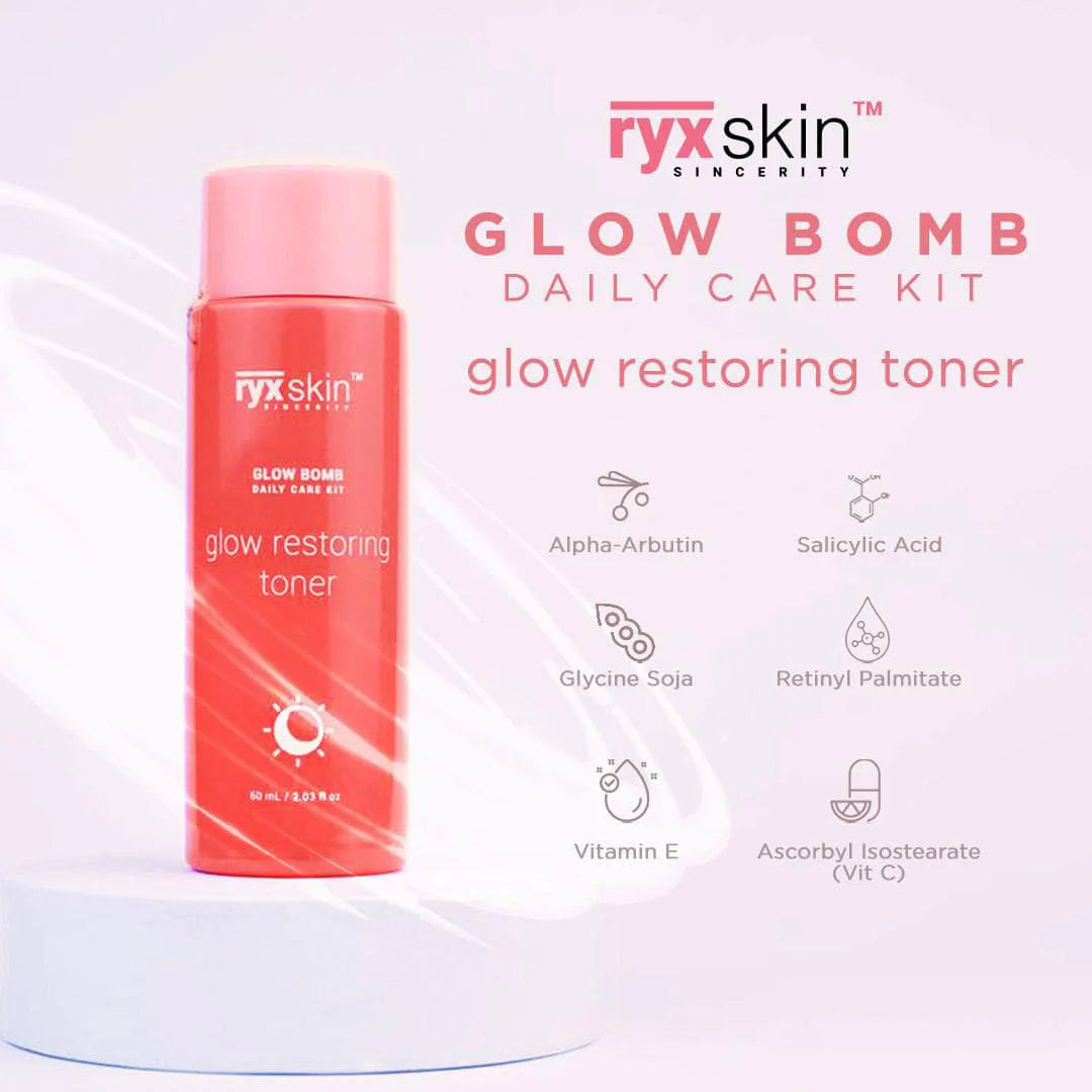 ryx skin Glow Bomb Daily Care Kit glow restoring toner on a light purple background