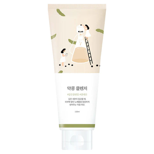 A tube of Soybean Nourishing Cleanser with illustrations of soybeans and a character holding a ladder, set against a beige background.