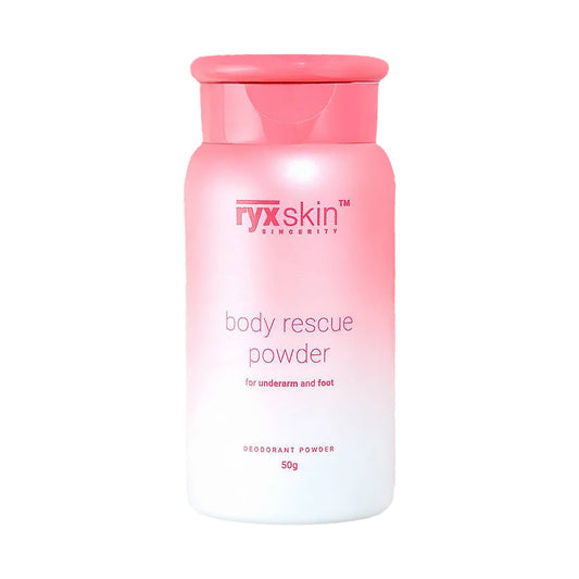 Pink container of ryx skin body rescue powder on a white background