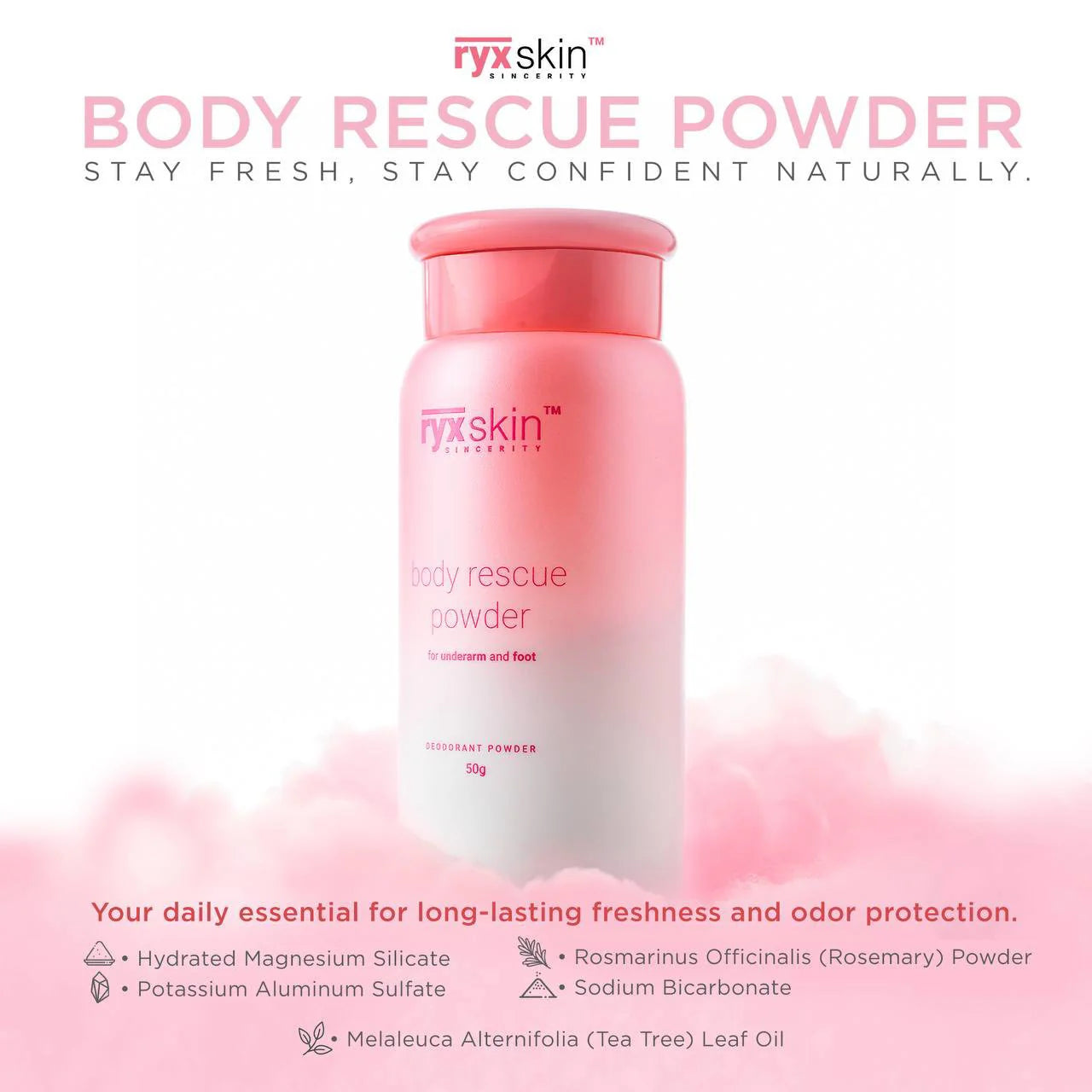 Nyxskin body rescue powder bottle on a pink background with product name and benefits displayed.