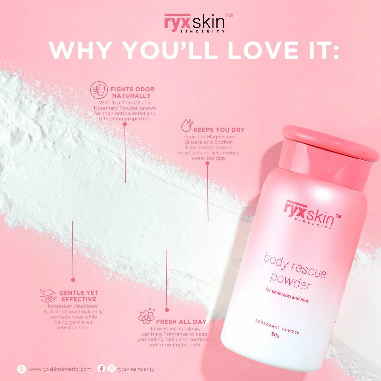 Ryx Skin body rescue powder with features listed on a pink background