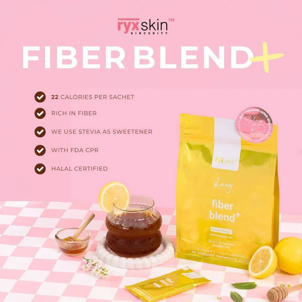 Fiber blend package with lemon slices and honey on a pink checkered background, featuring Fyxskin branding.