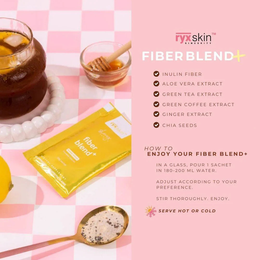 Fiber blend package with tea and honey on a checkered tablecloth, featuring Ryx Skin branding.