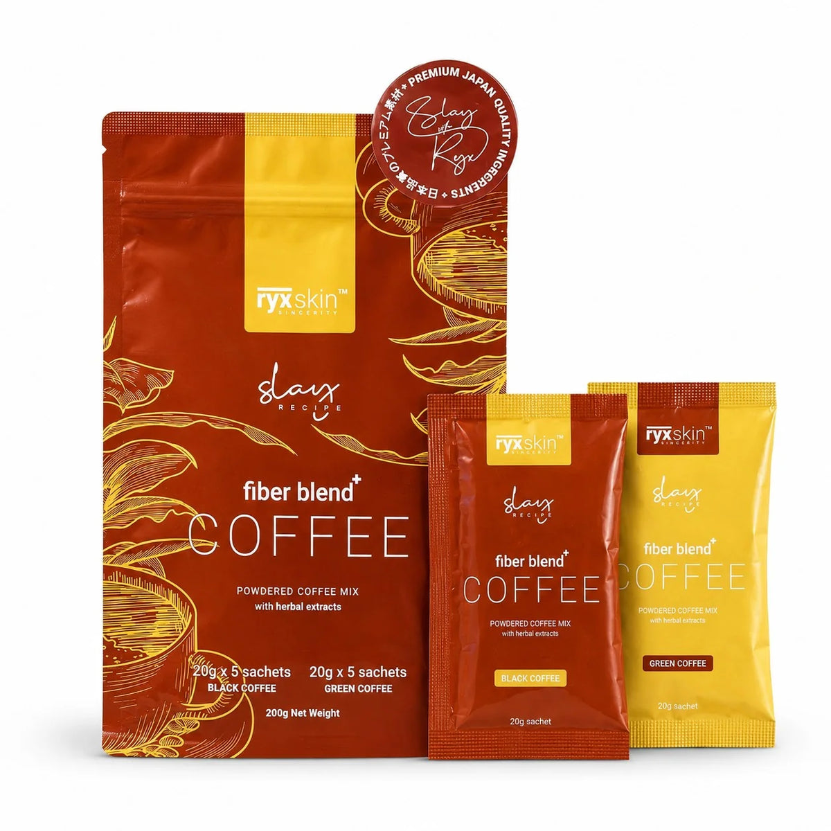 Three bags of RYXskin Fiber Blend Coffee by Slax Coffee are displayed against a solid white background. The set includes a large 200g pouch of fiber blend coffee with herbal extracts, a single packet of black coffee, and a single packet of green coffee.