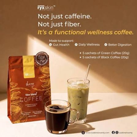 Ryx Skin Wellness fiber blend coffee package shown beside a dark coffee cup and a green iced coffee drink on a warm beige background with promotional text.