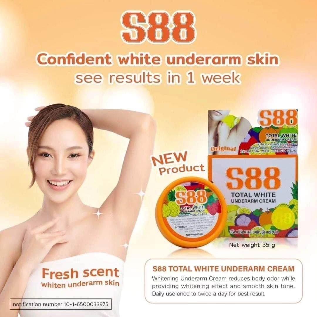 Advertisement for S88 Total White Underarm Cream featuring a woman with a smooth underarm.