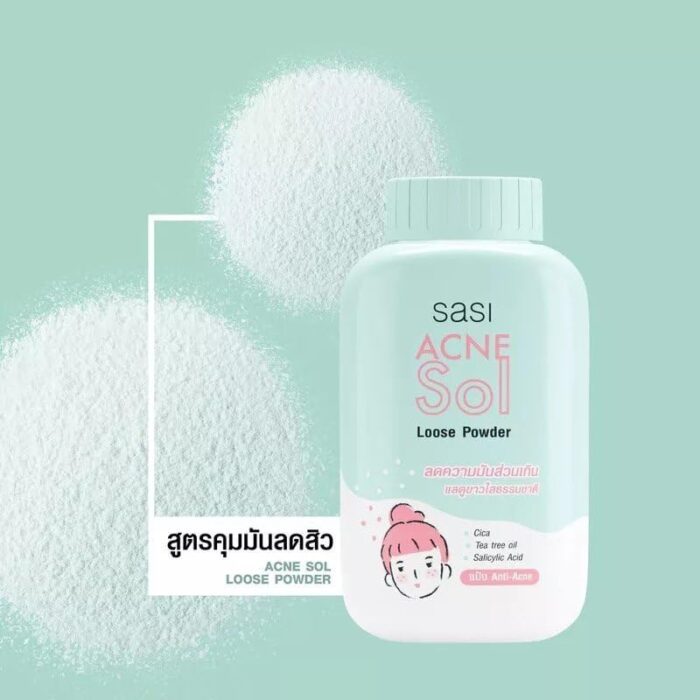 SASI Acne Sol Loose Powder packaging on a light green background