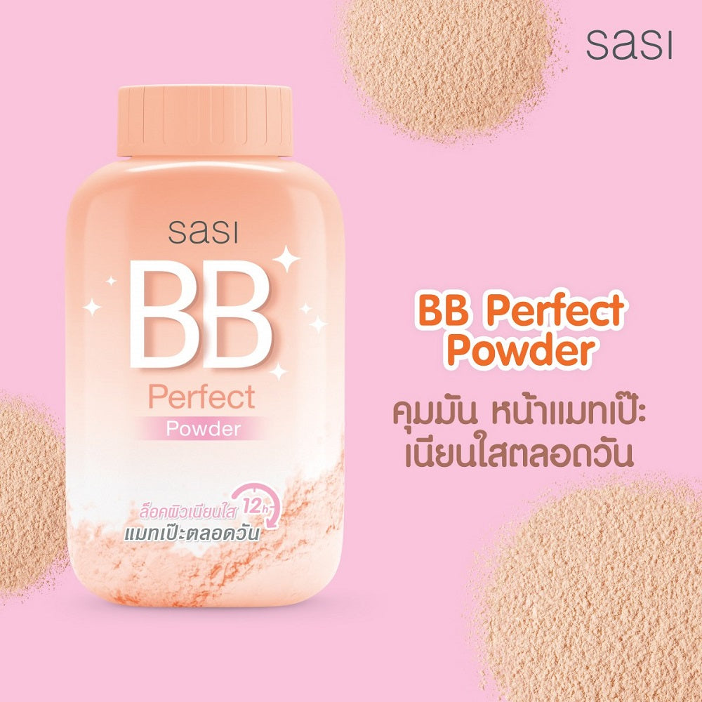 SASI BB Perfect Powder bottle on a pink background with product powder visible
