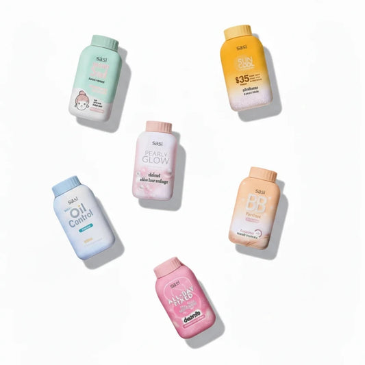SASI skincare products with text in Thai and English on a colorful background