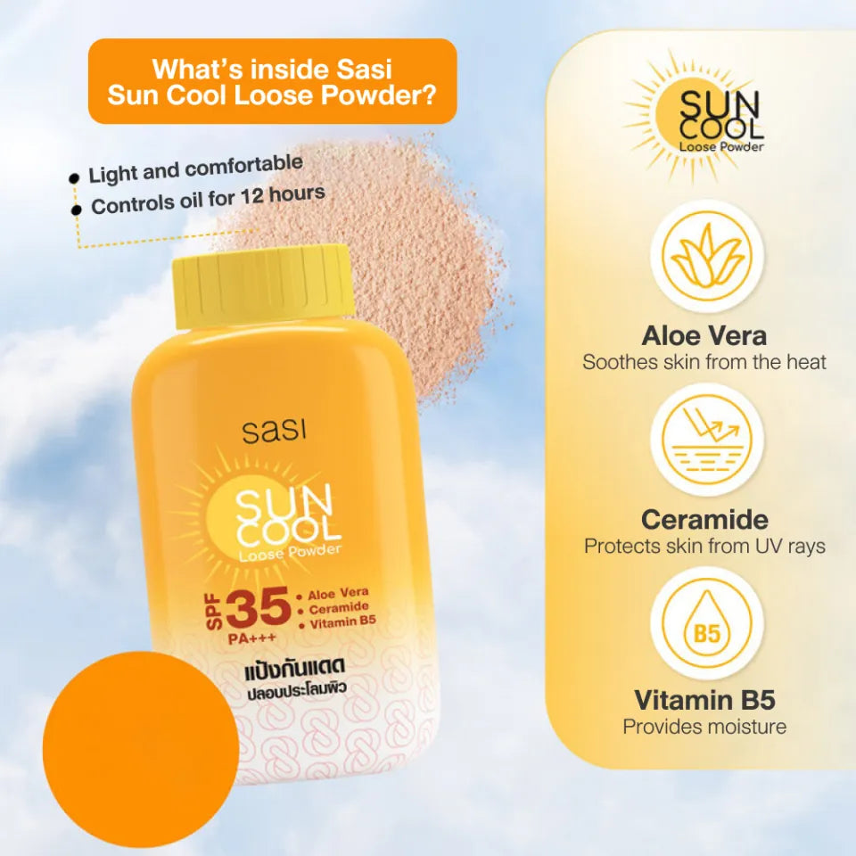 SASI Sun Cool Loose Powder packaging with product details on a blue sky background