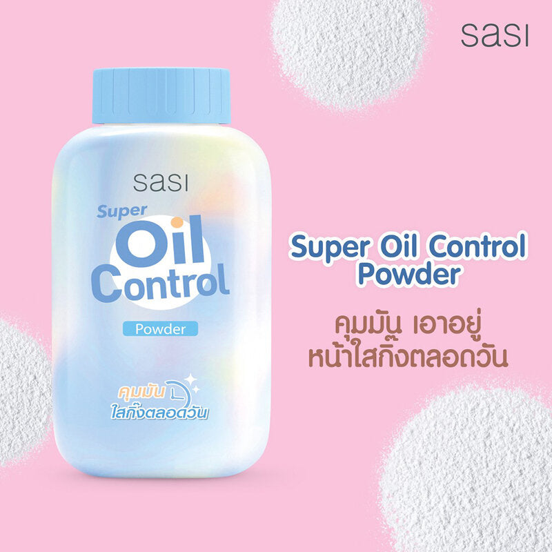 SASI Super Oil Control Powder bottle on a pink background with powder particles.