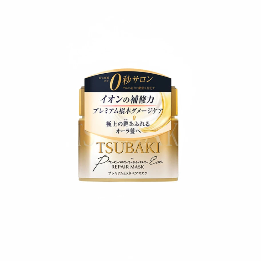 A packaged hair care product labeled 'Tsubaki Premium EX Repair Mask', indicating it is a hair treatment product made in Japan.