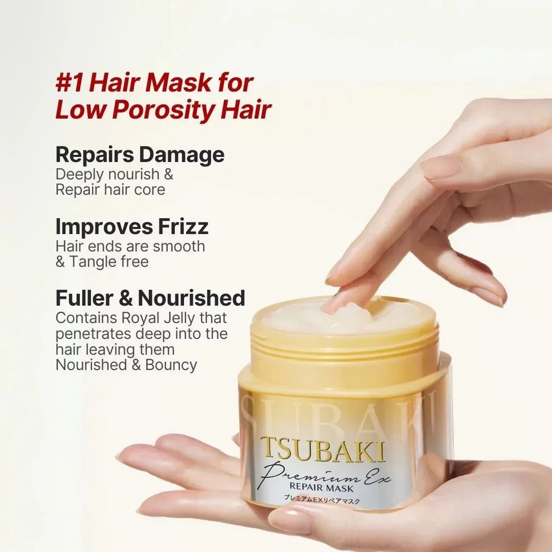 Tsubaki hair mask jar with text highlighting benefits on a light background