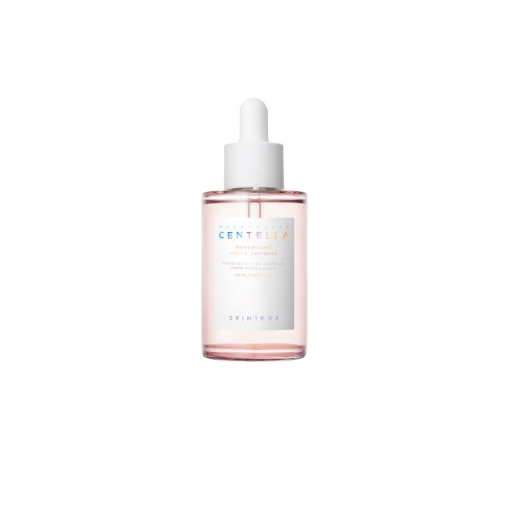 A clear glass bottle with a dropper containing a pink-toned skincare ampoule, labeled 'CENTELLA', on a white background.