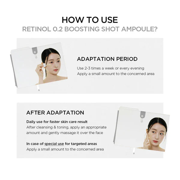 Instructions on how to use Retinol 0.2 Boosting Shot Ampoule with a woman applying it.