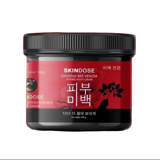 Skindose Ginseng Bee Venom Intense Night Cream jar on a red background with text.
