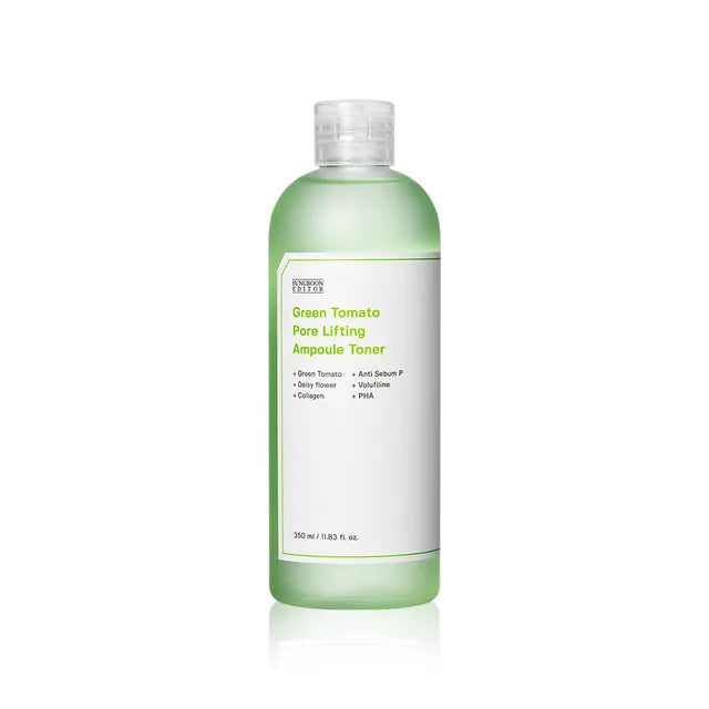 Green bottle of toner with a white label on a white background