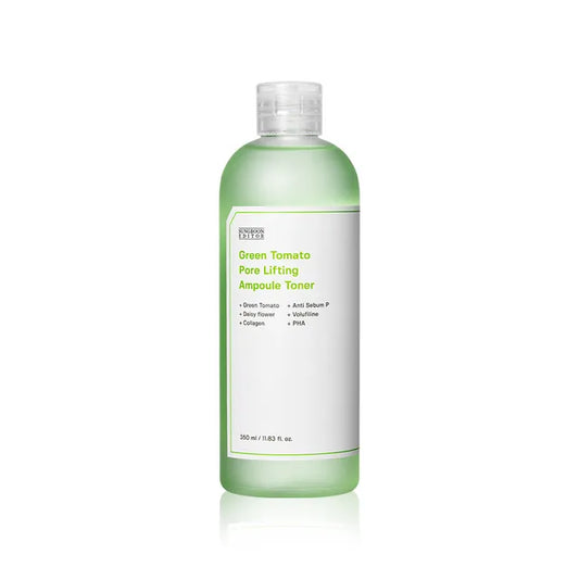Green bottle of toner with a white label on a white background