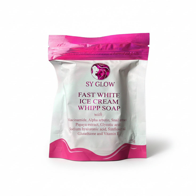 SY Glow Fast White Ice Cream Whipp Soap packaging with pink and white design.