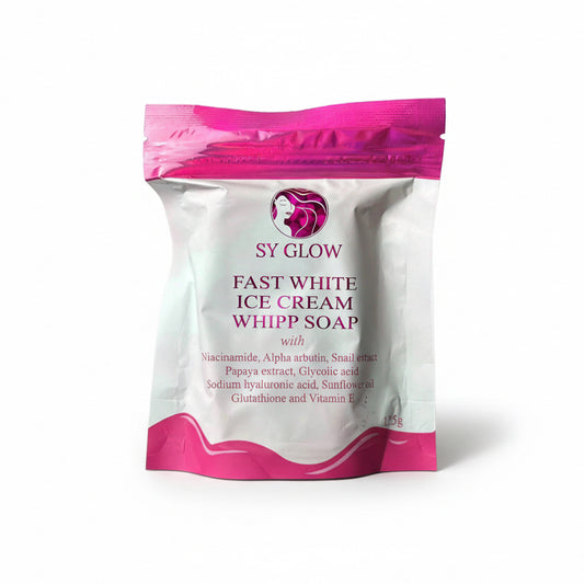 SY Glow Fast White Ice Cream Whipp Soap packaging with pink and white design.