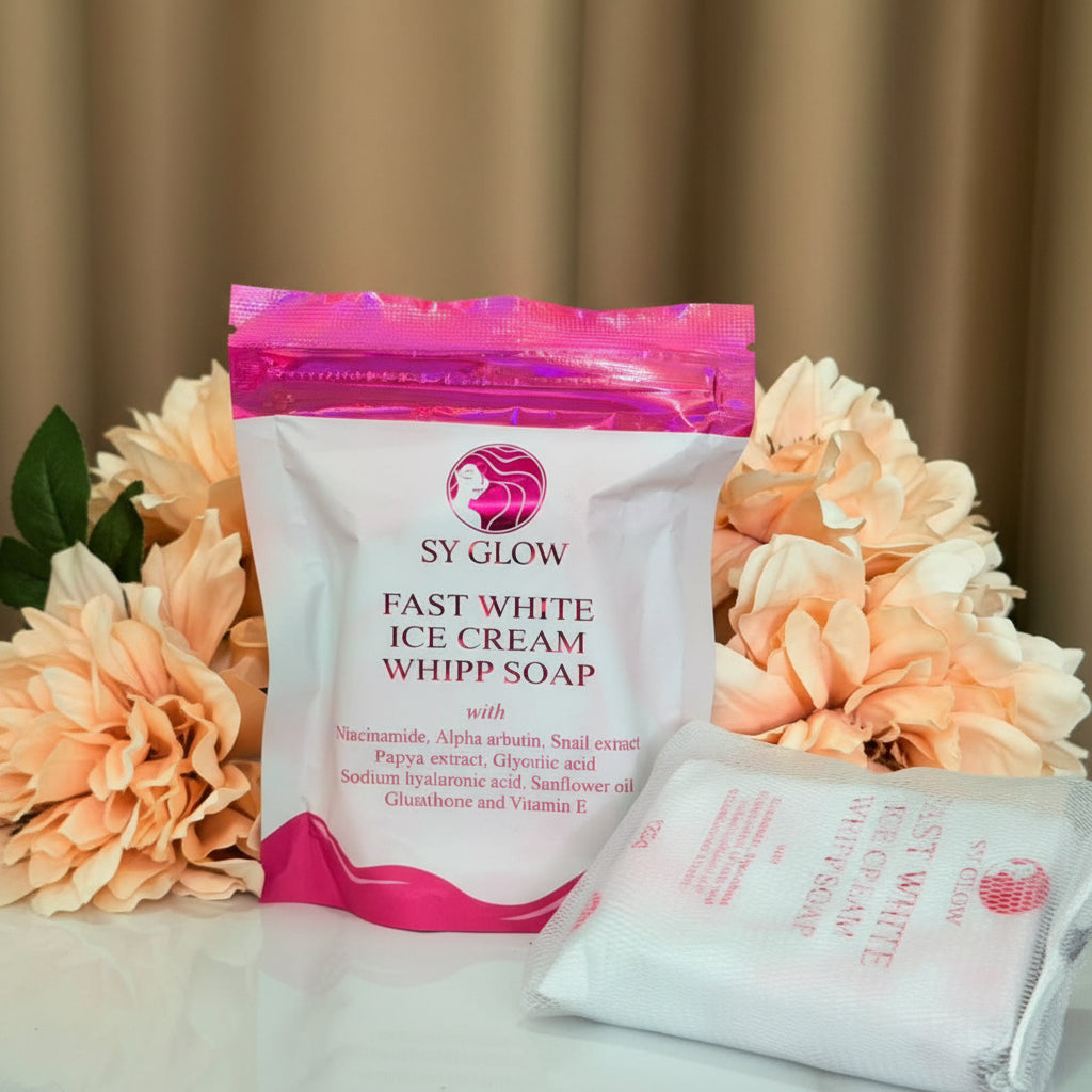 SY Glow Fast White Ice Cream Whipp Soap packaging with pink and white design on a floral background.