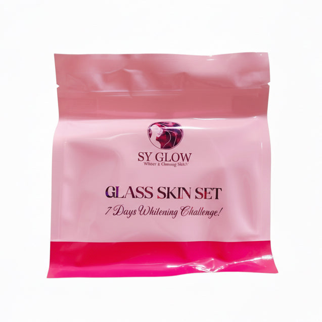 SY Glow Glass Skin Set packaging held in front of a store shelf.