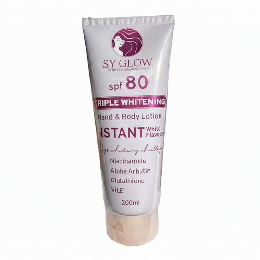 SY Glow triple whitening hand and body lotion with SPF 80 on a white background